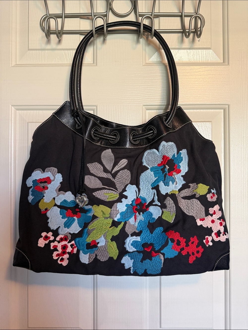 Brighton Black Tote with Blue, Red & Green Floral Embroidery